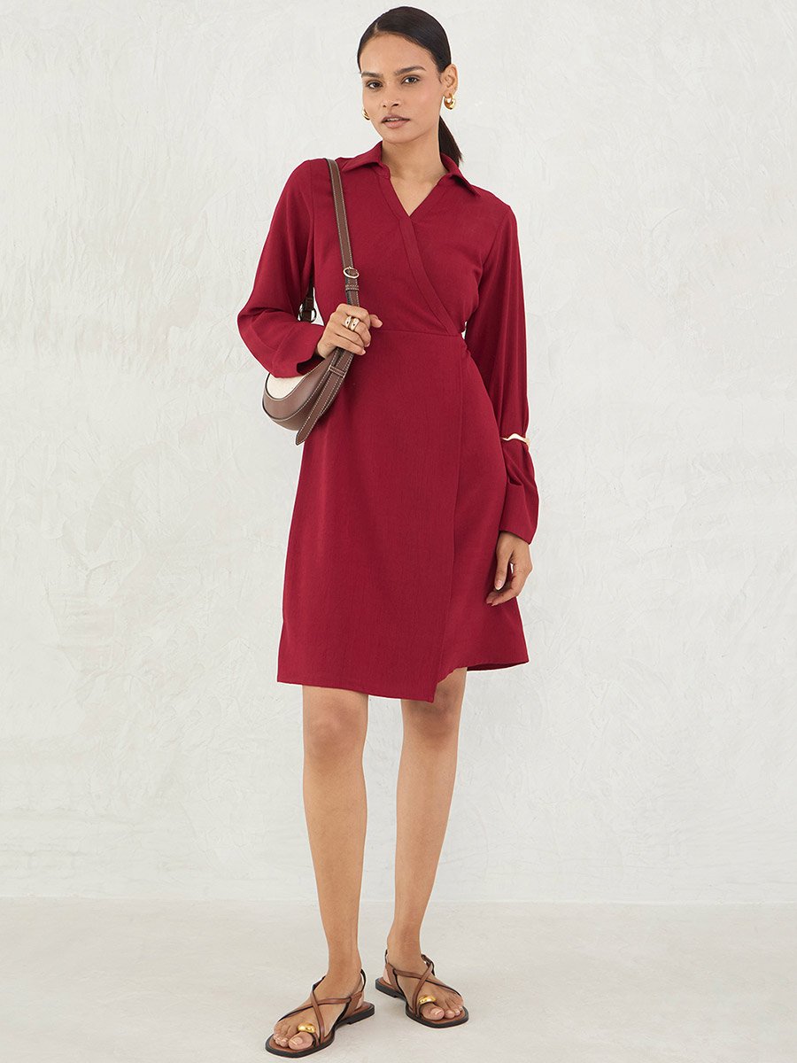 Red Solid Wrap Look A-Line Knee Length Dress