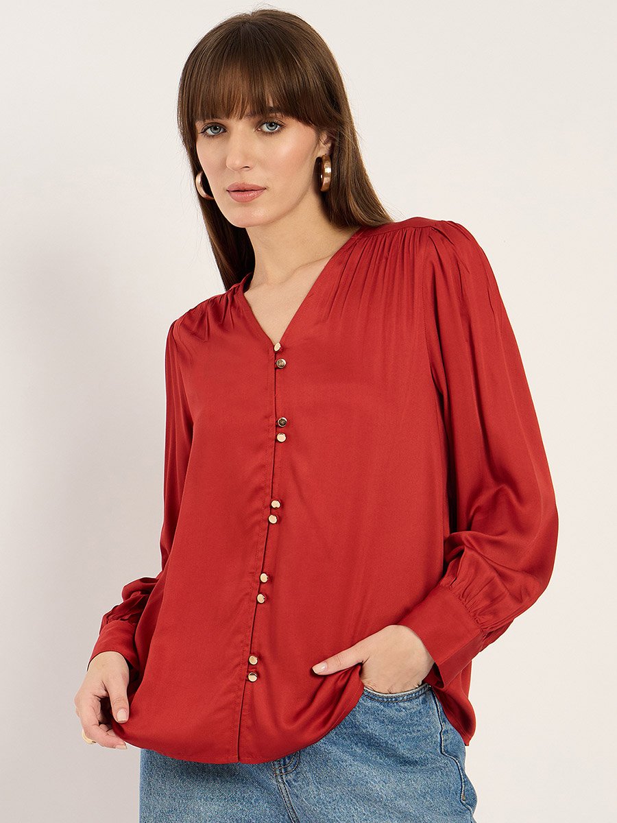 Rust Dual Button Detail V Neck Top