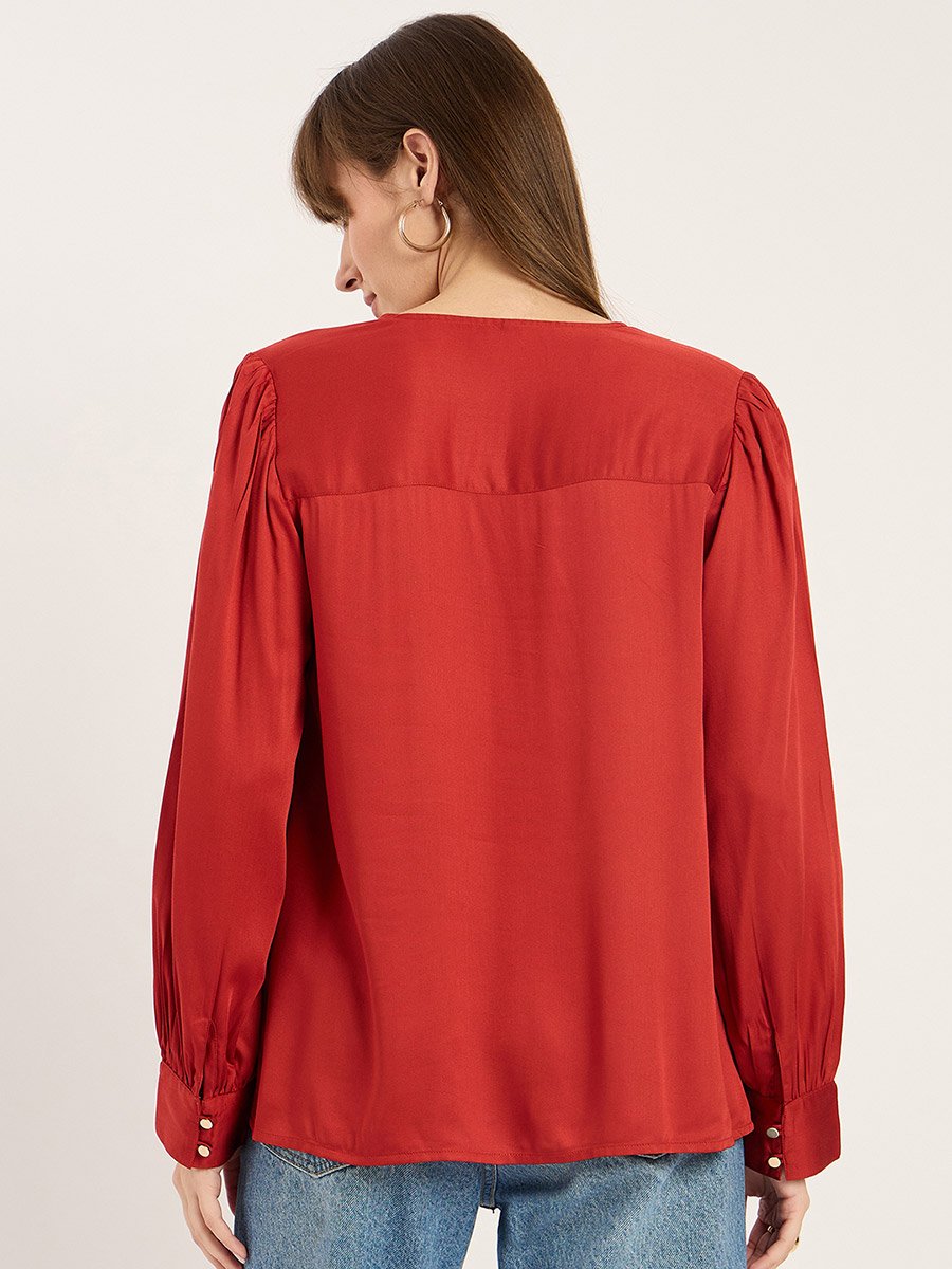 Rust Dual Button Detail V Neck Top