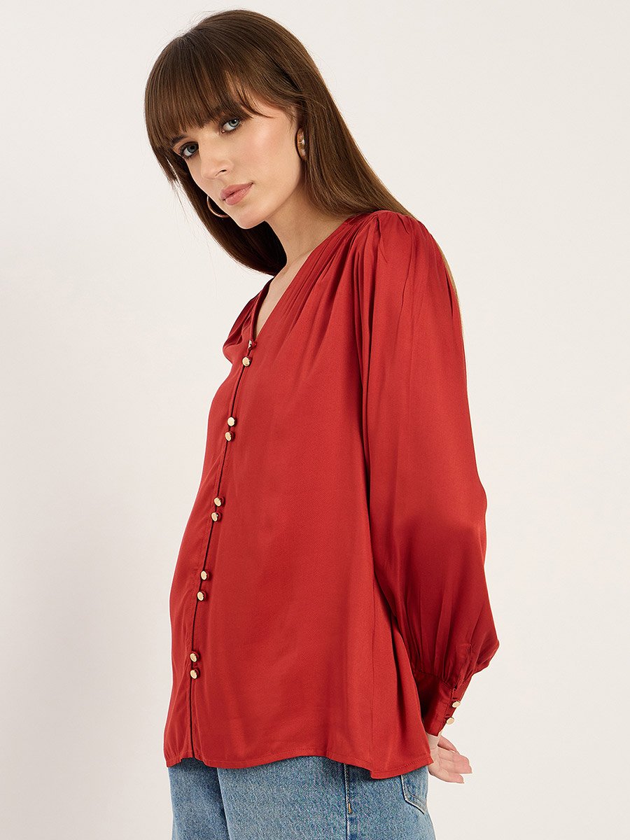 Rust Dual Button Detail V Neck Top
