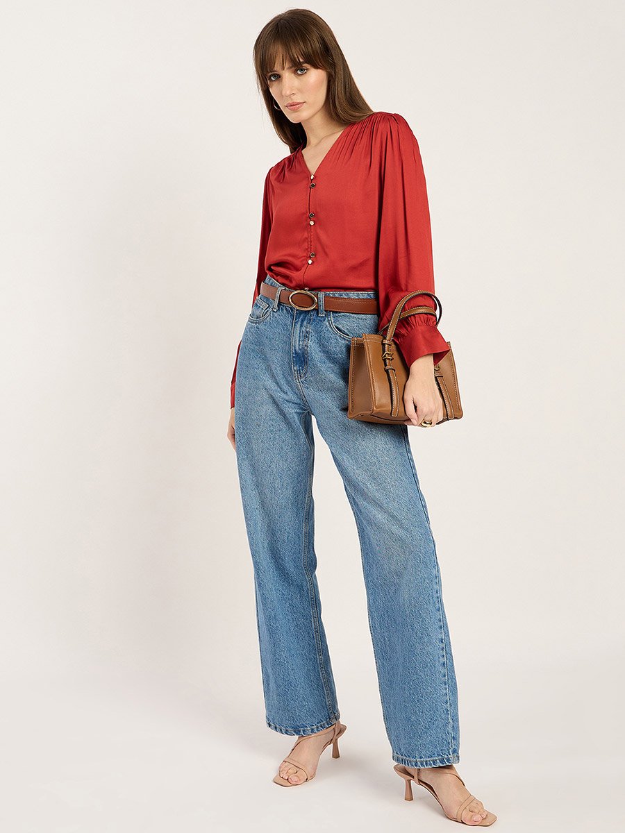 Rust Dual Button Detail V Neck Top