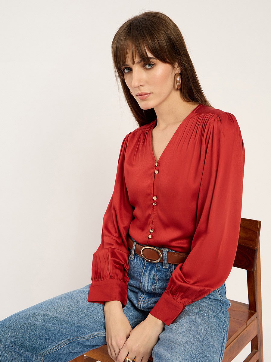 Rust Dual Button Detail V Neck Top