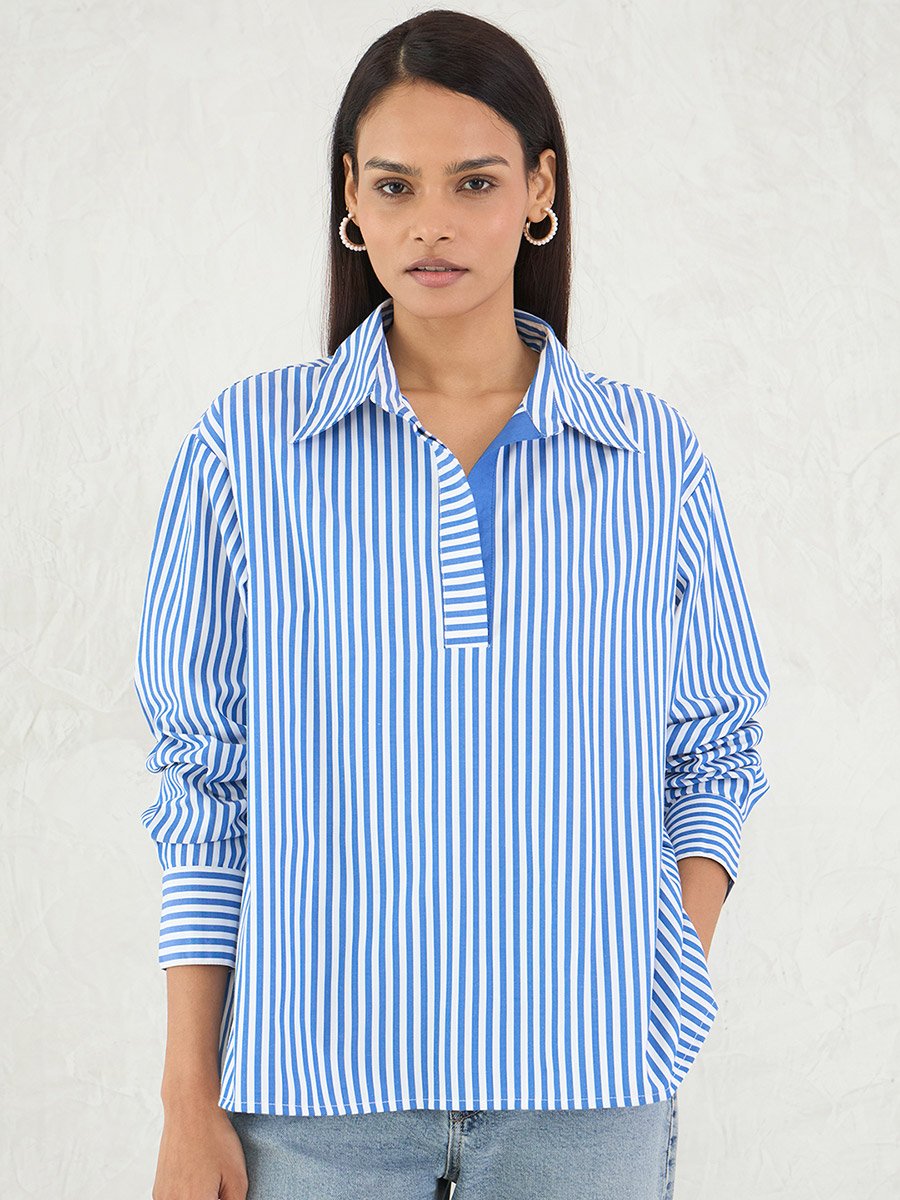 Striped Oversized Spread Collar Shirt