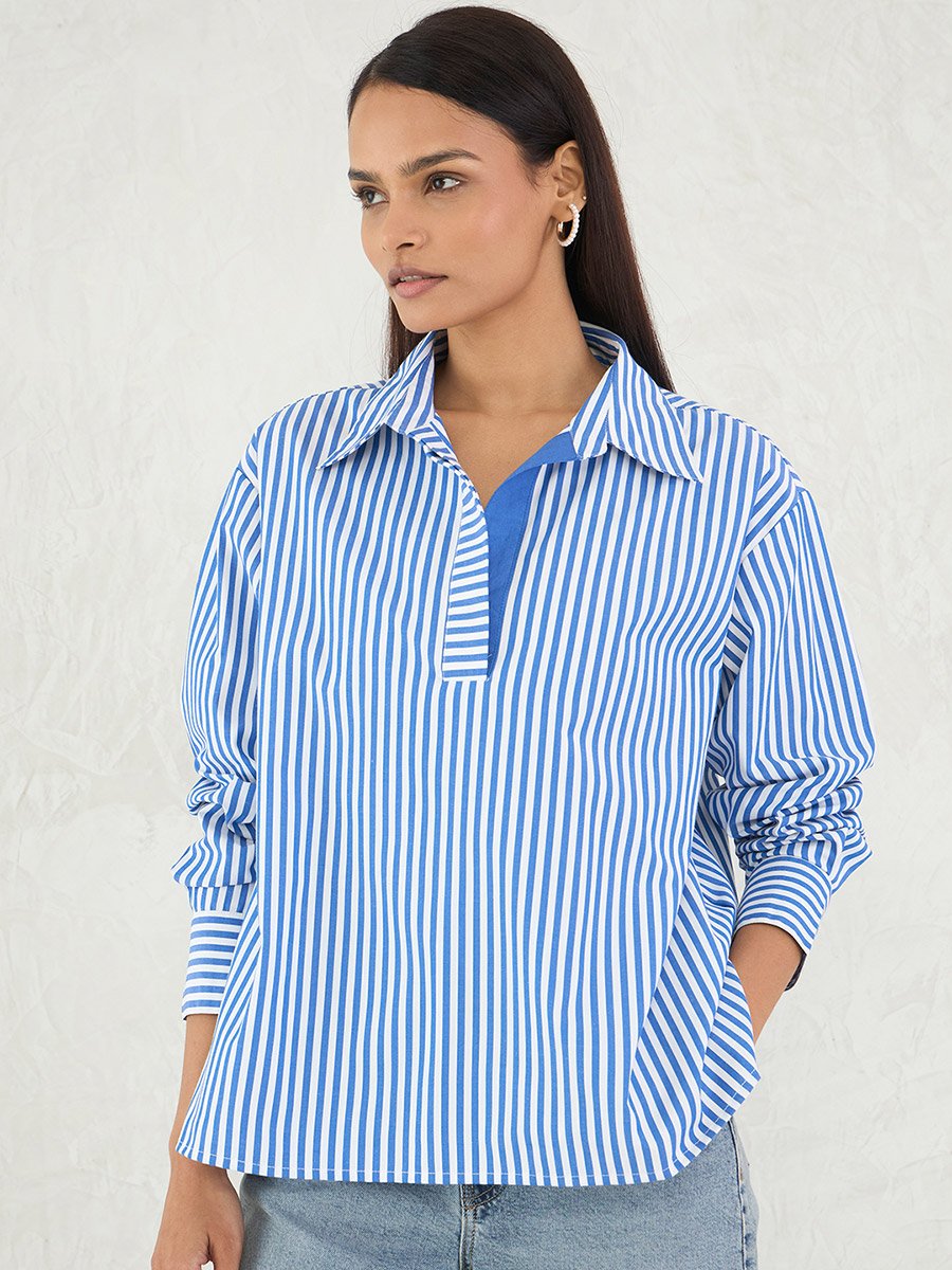 Striped Oversized Spread Collar Shirt