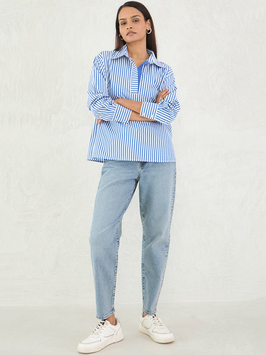 Striped Oversized Spread Collar Shirt
