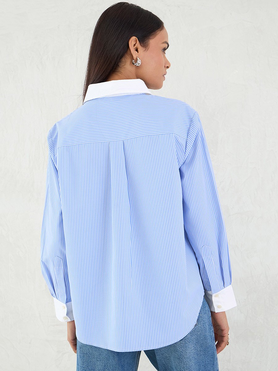 Blue Stripe Contrast Collar Buttoned Shirt