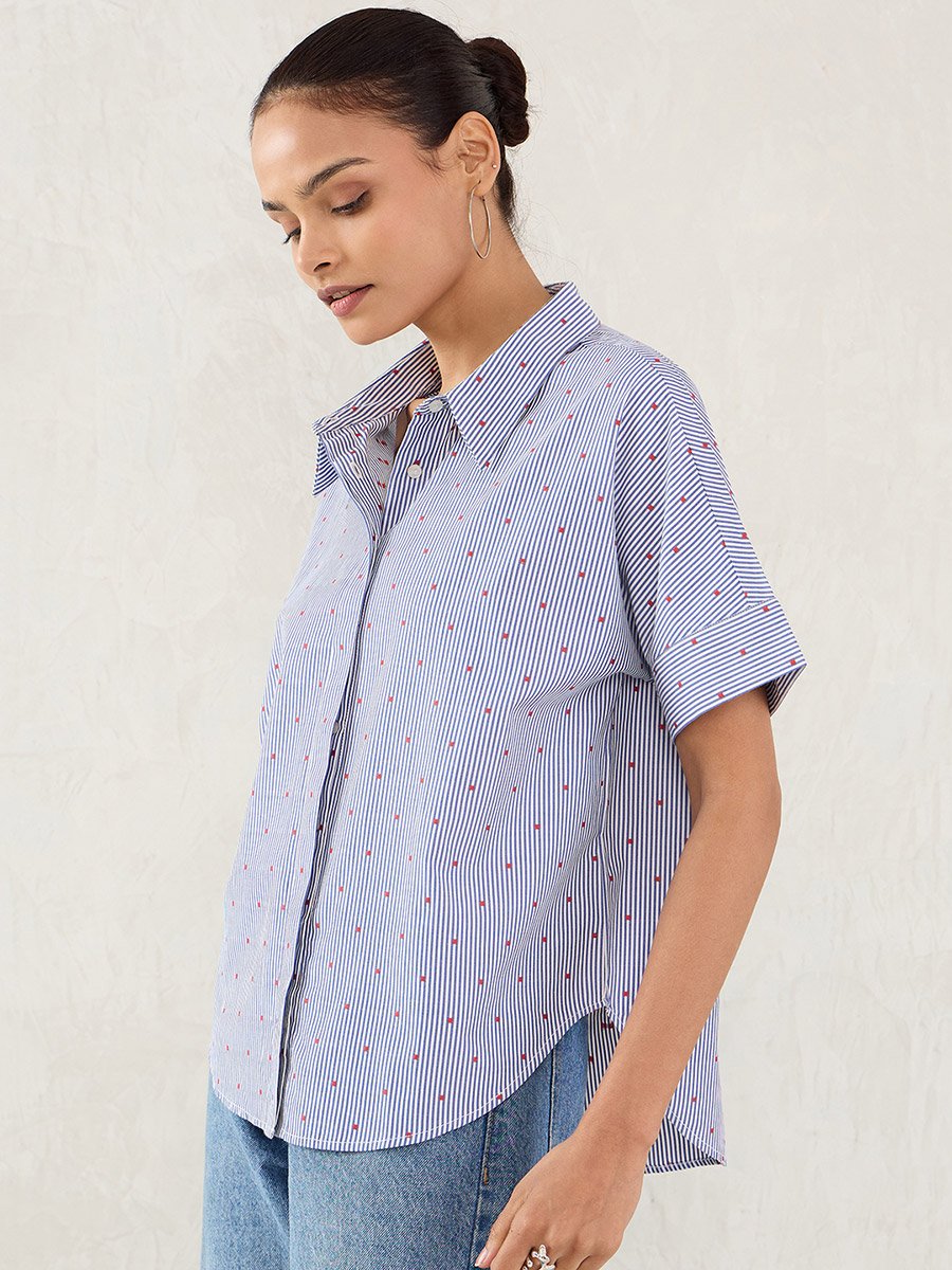 Navy Striped Short Sleeve Button Down Shirt