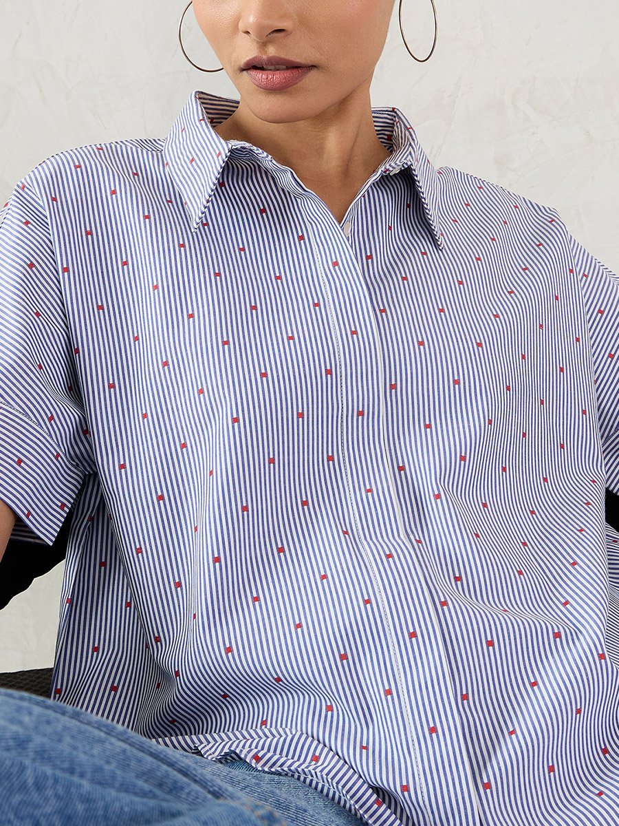Navy Striped Short Sleeve Button Down Shirt