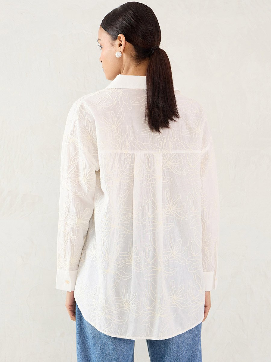 White Embroidered Cotton Longline Shirt