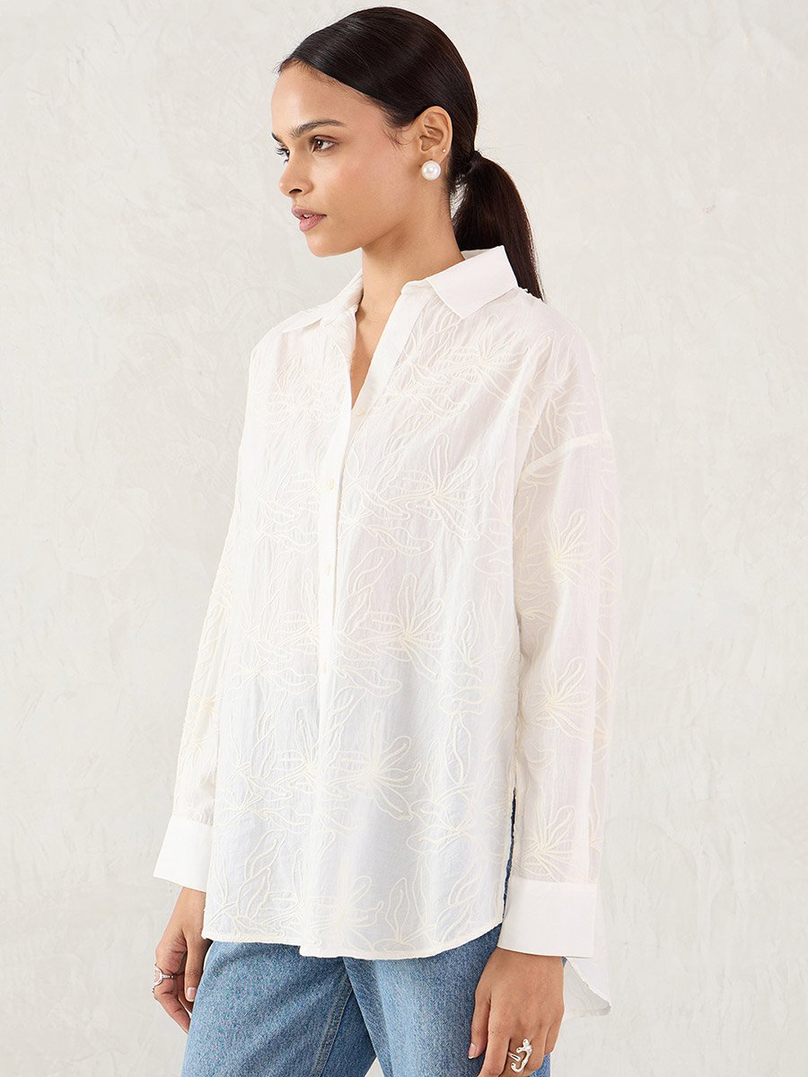 White Embroidered Cotton Longline Shirt