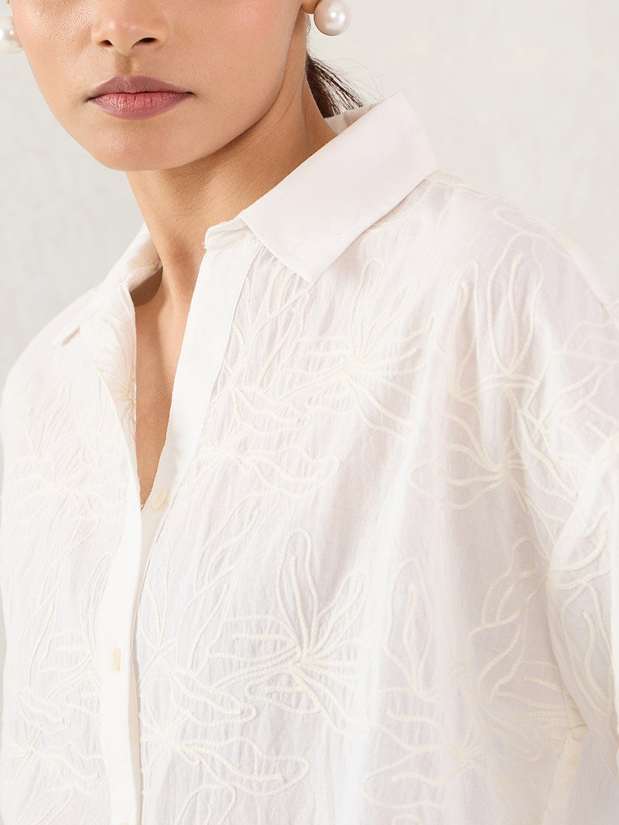 White Embroidered Cotton Longline Shirt