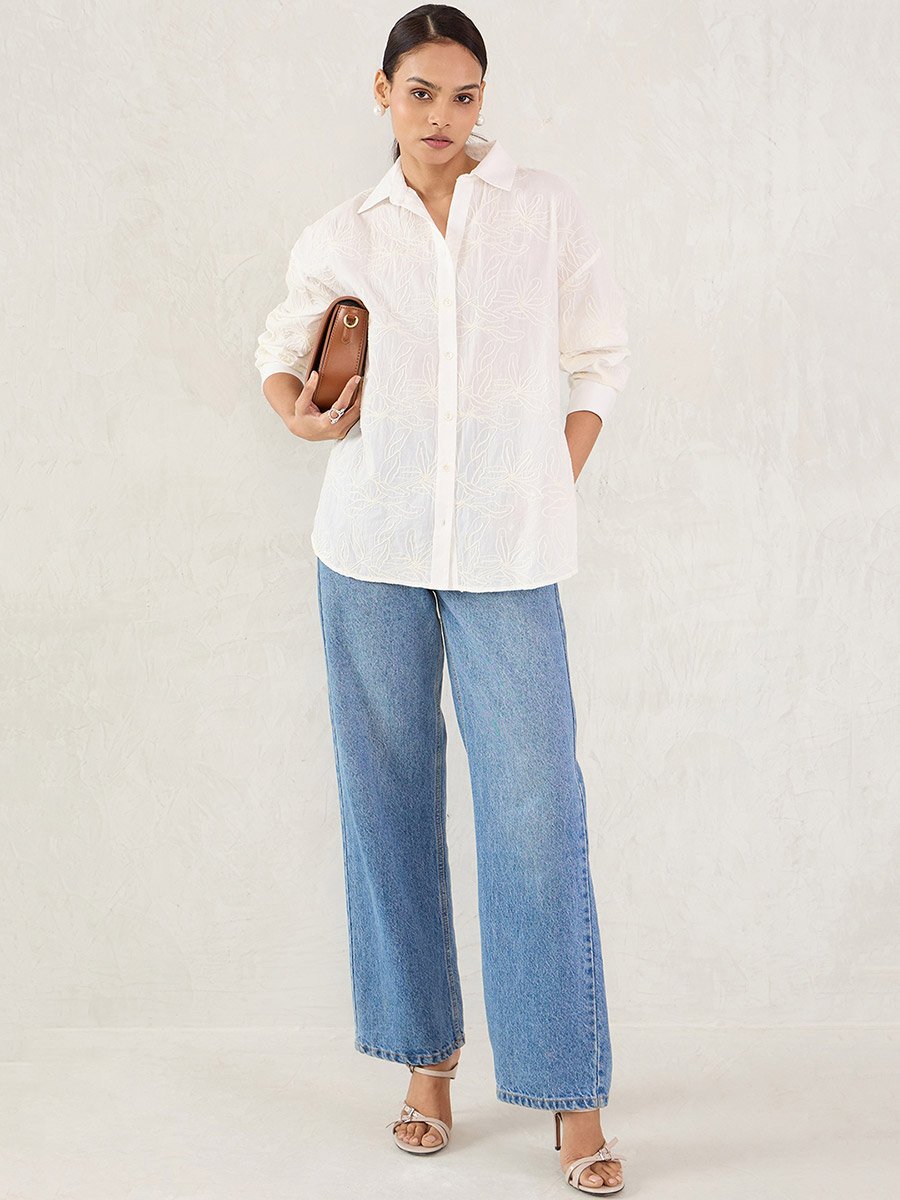 White Embroidered Cotton Longline Shirt