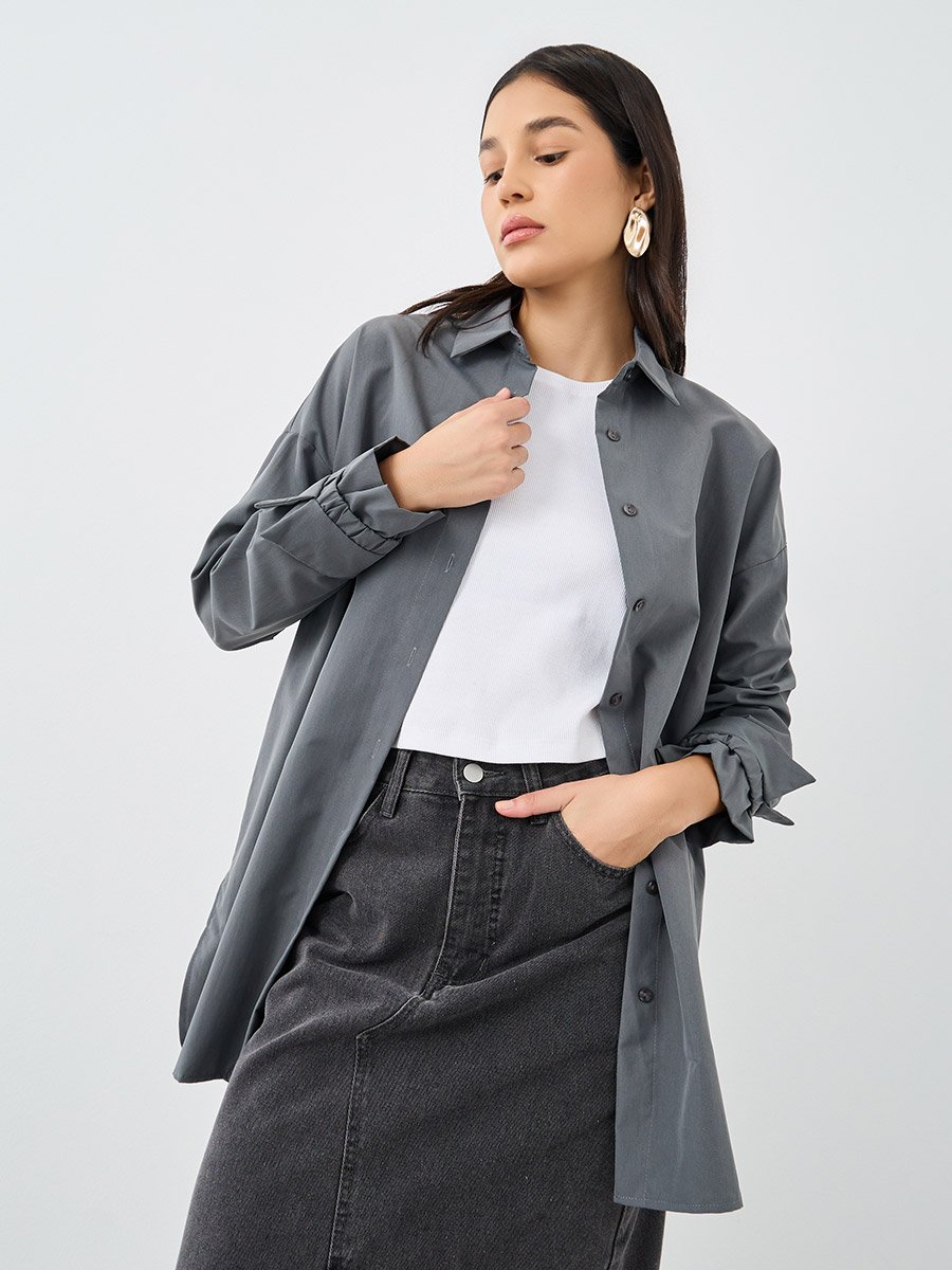 Women Grey Tie Cuff Longline Shirt