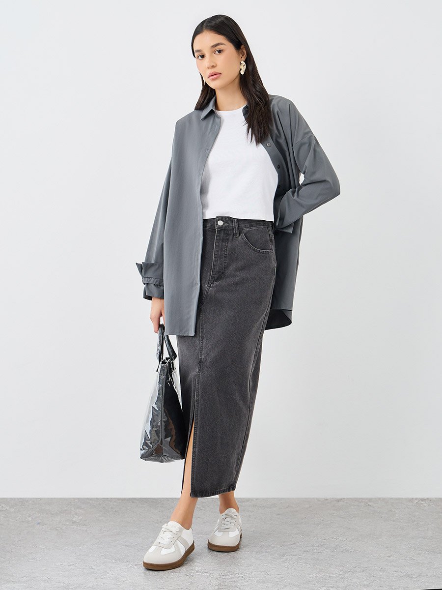 Women Grey Tie Cuff Longline Shirt