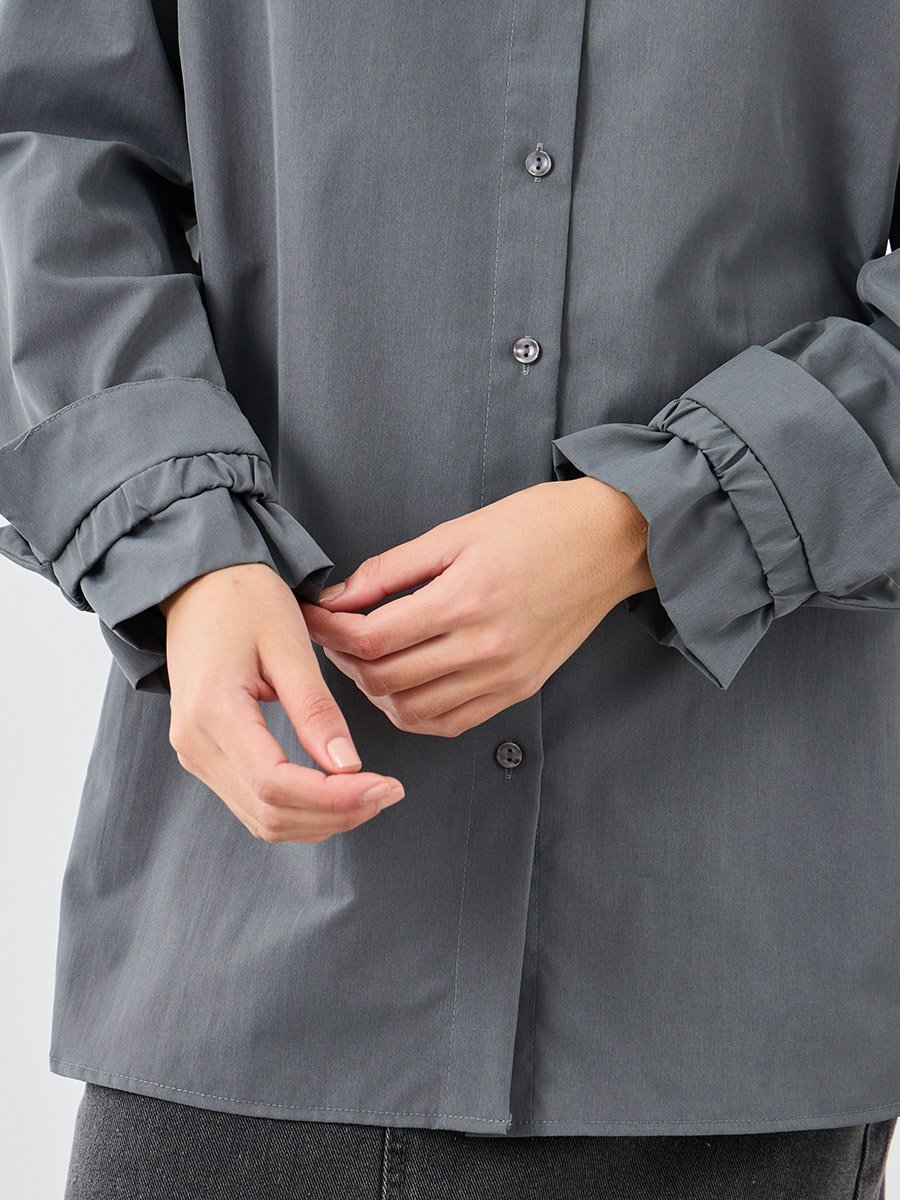 Women Grey Tie Cuff Longline Shirt