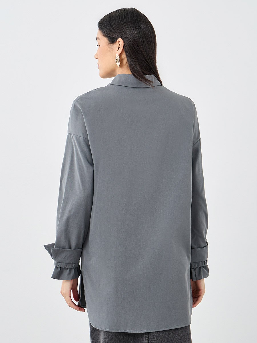 Women Grey Tie Cuff Longline Shirt