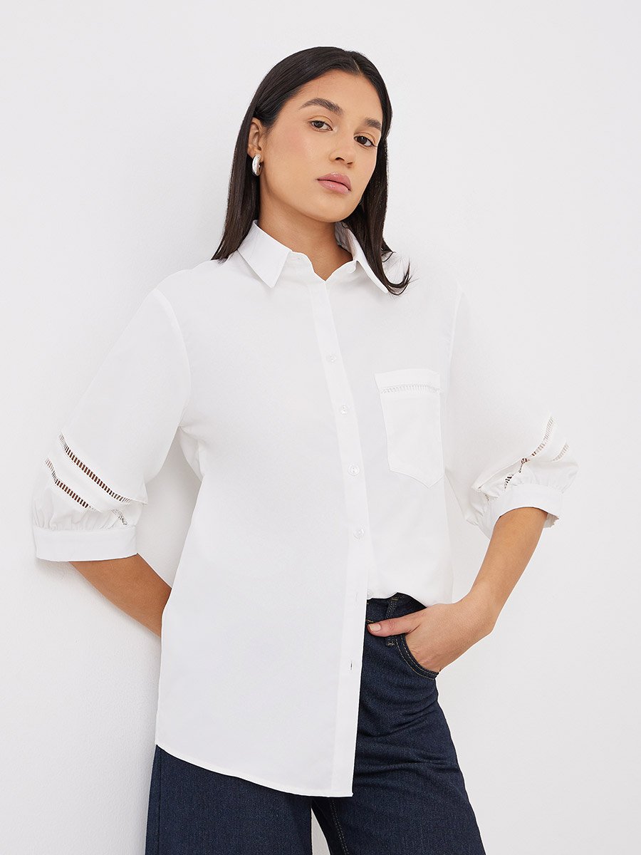 Women White Cut-Out Sleeve Longline Shirt