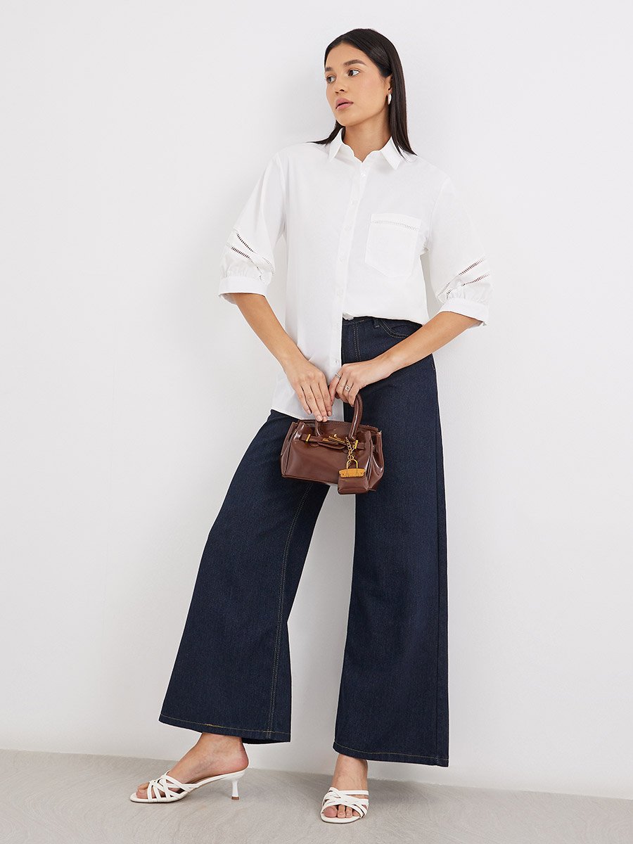 Women White Cut-Out Sleeve Longline Shirt