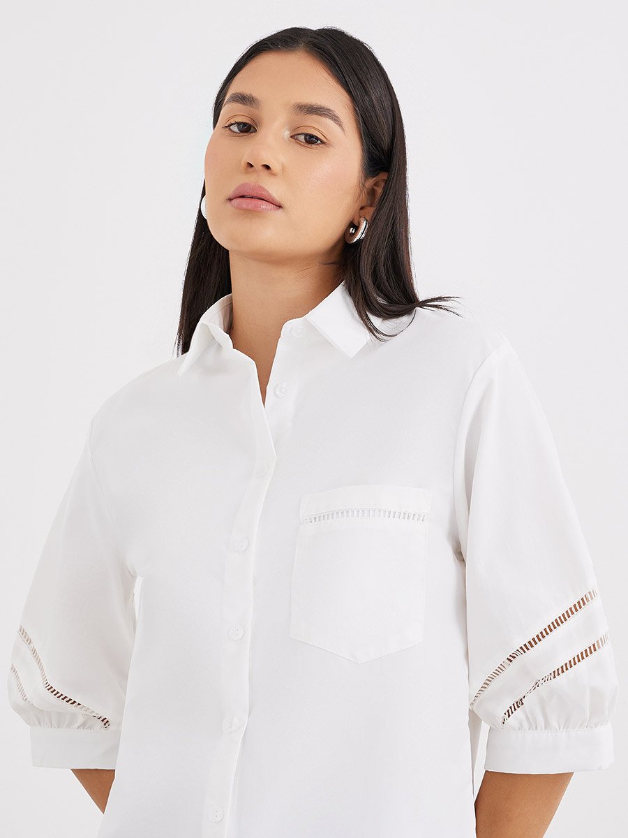 Women White Cut-Out Sleeve Longline Shirt