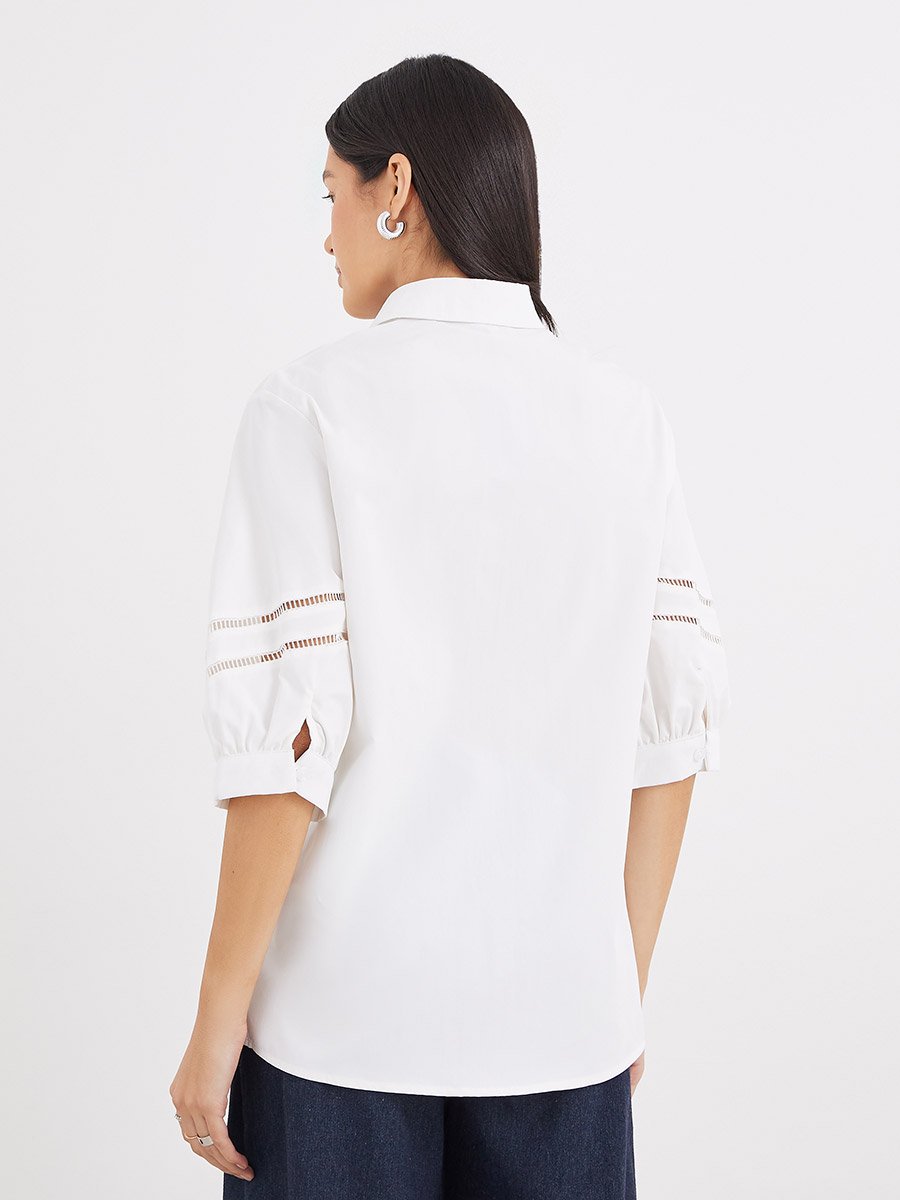 Women White Cut-Out Sleeve Longline Shirt