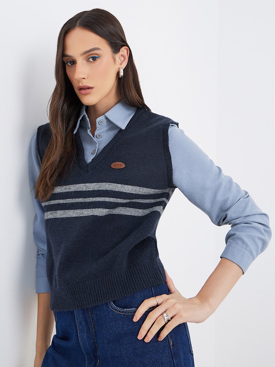 Women Blue 2in1 Style Knit Vest Insert Shirt
