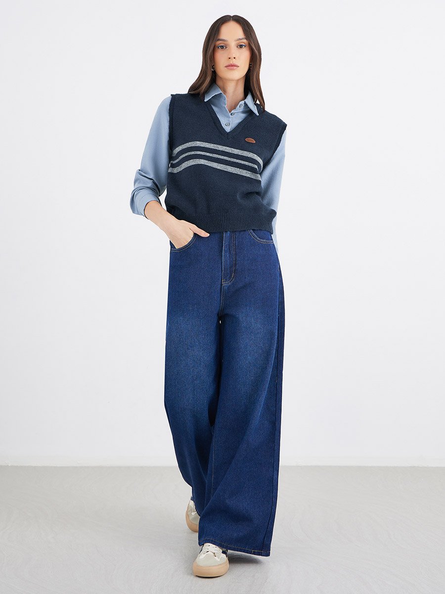 Women Blue 2in1 Style Knit Vest Insert Shirt