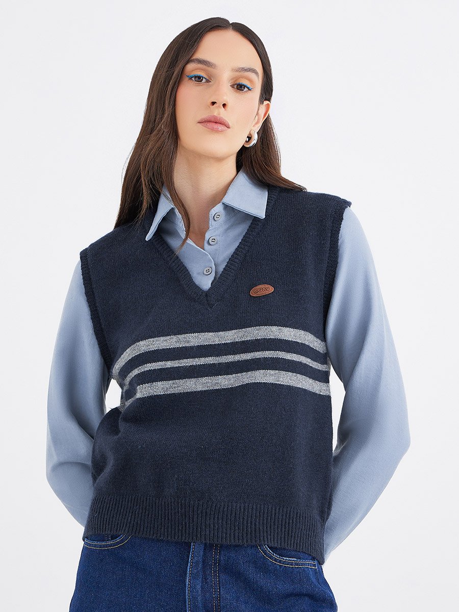 Women Blue 2in1 Style Knit Vest Insert Shirt