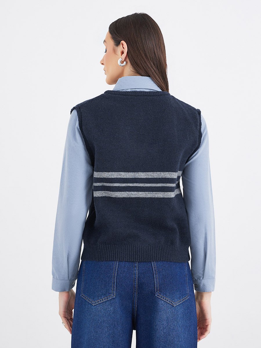Women Blue 2in1 Style Knit Vest Insert Shirt