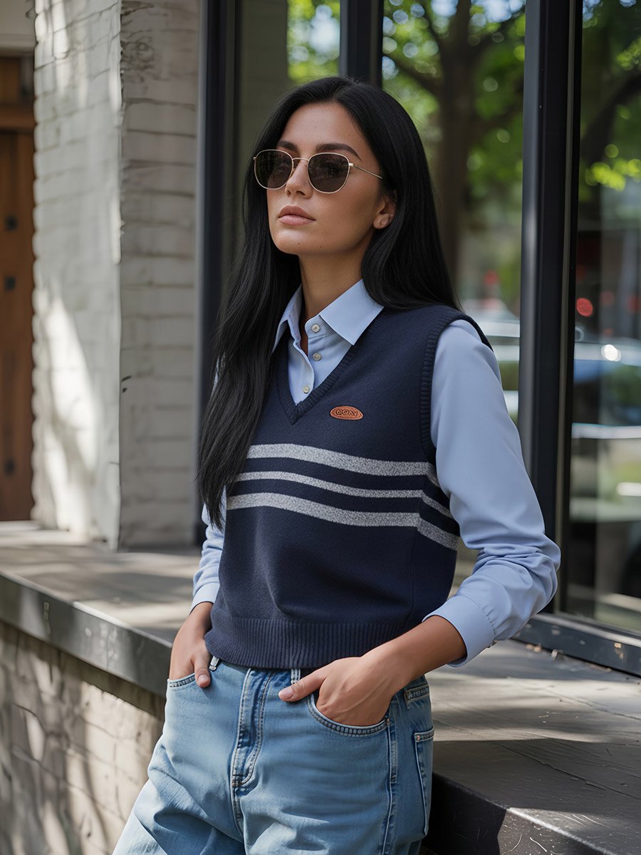 Women Blue 2in1 Style Knit Vest Insert Shirt