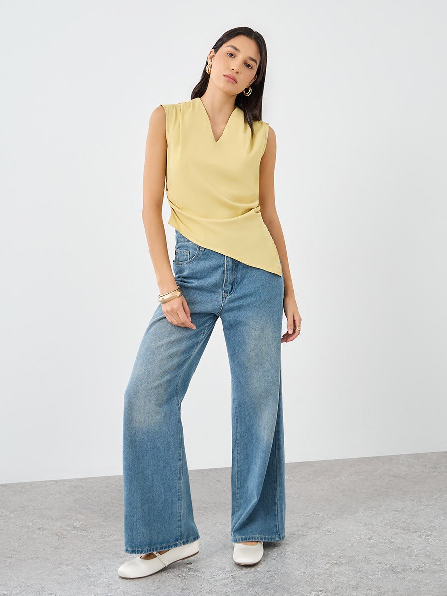 Women Yellow Asymmetric Hem V Neck Blouse