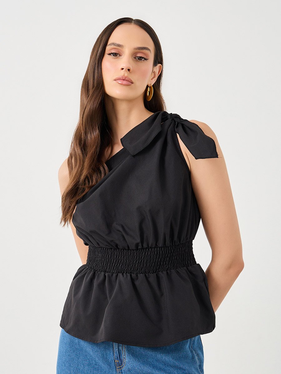 Black One Shoulder Smocked Waist Sleeveless Top
