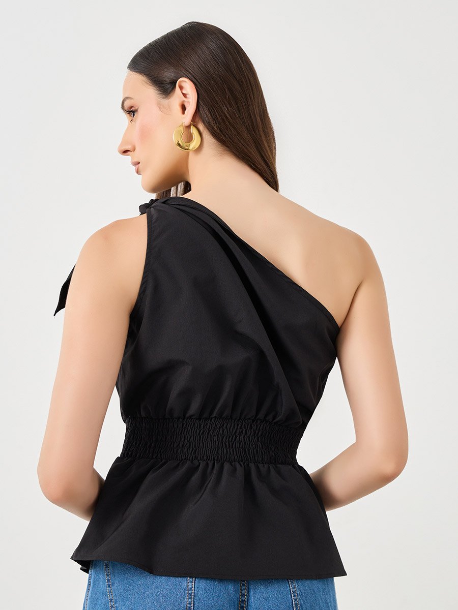 Black One Shoulder Smocked Waist Sleeveless Top