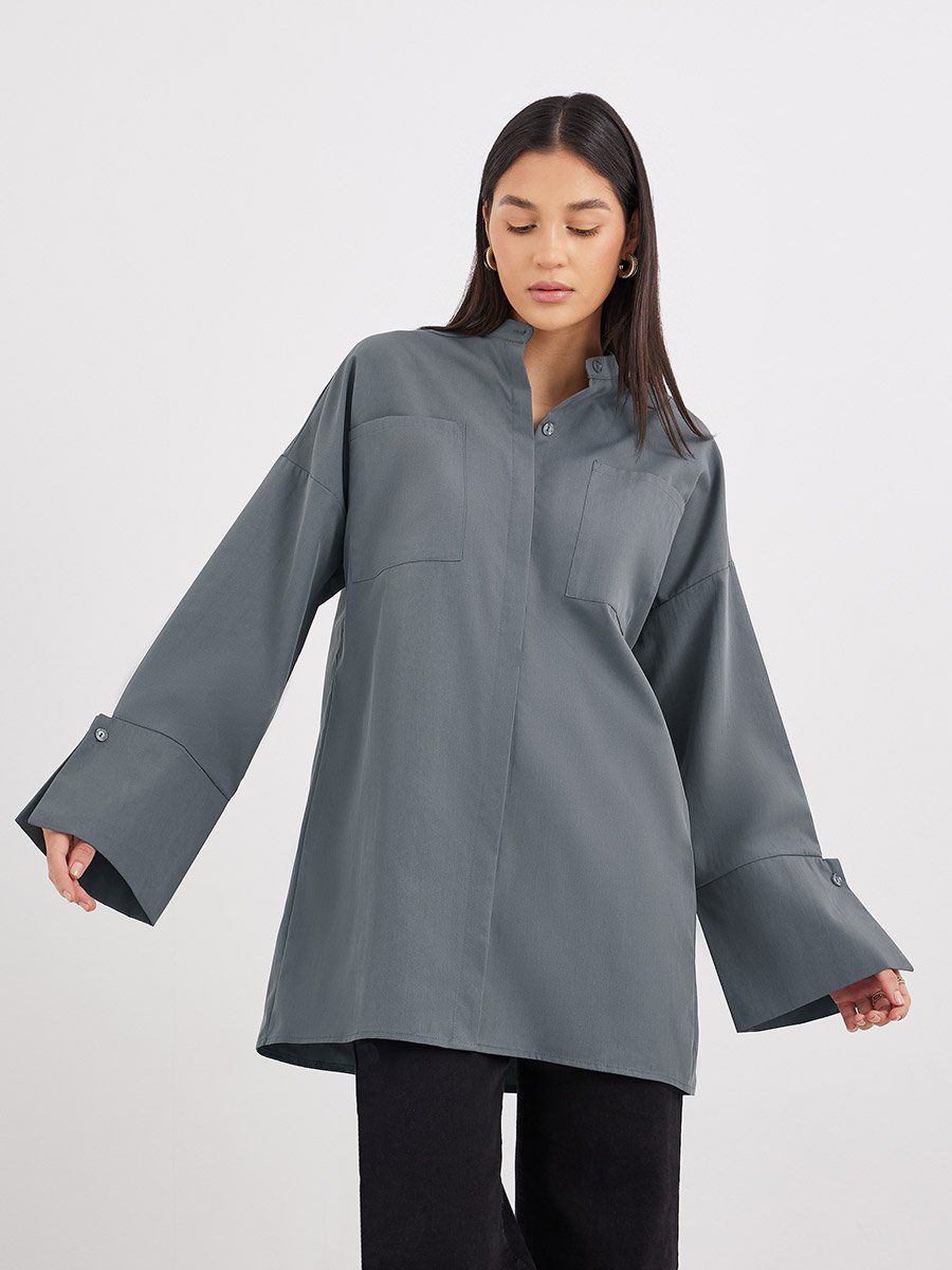 Grey Relaxed Fit Longline Shirt with Pockets