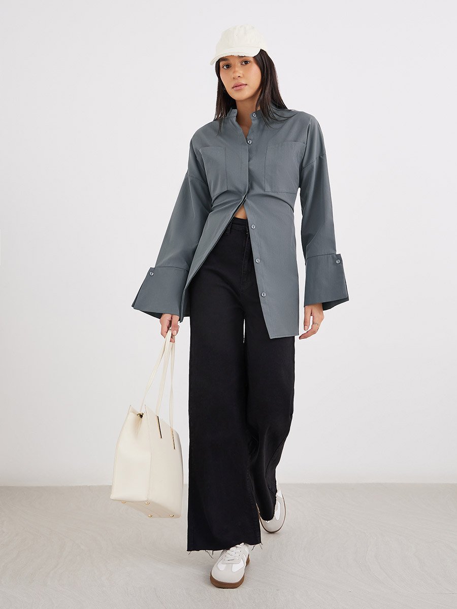 Grey Relaxed Fit Longline Shirt with Pockets