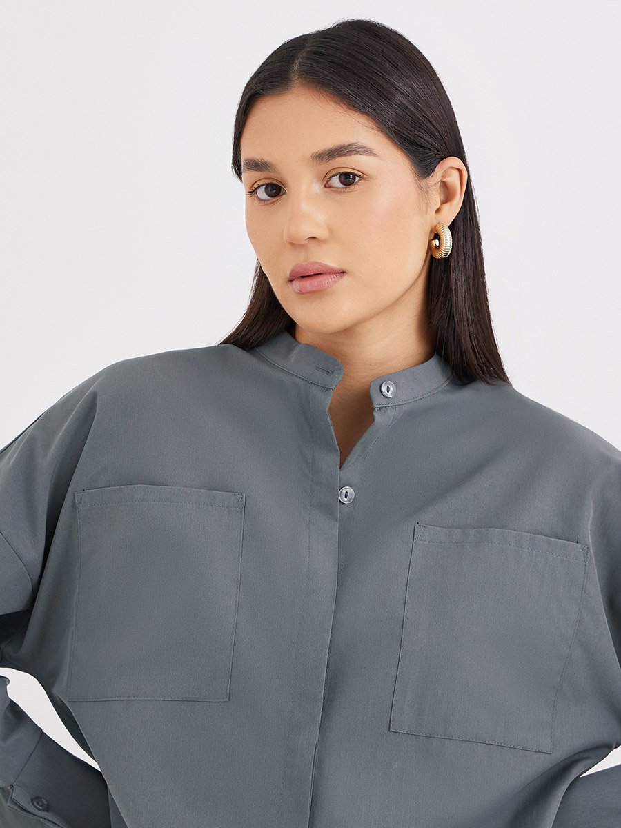 Grey Relaxed Fit Longline Shirt with Pockets