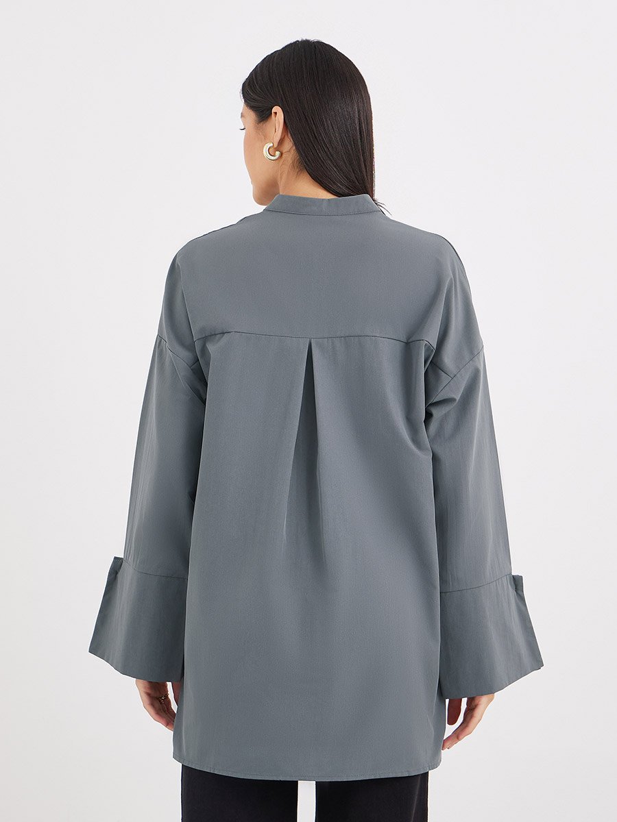 Grey Relaxed Fit Longline Shirt with Pockets