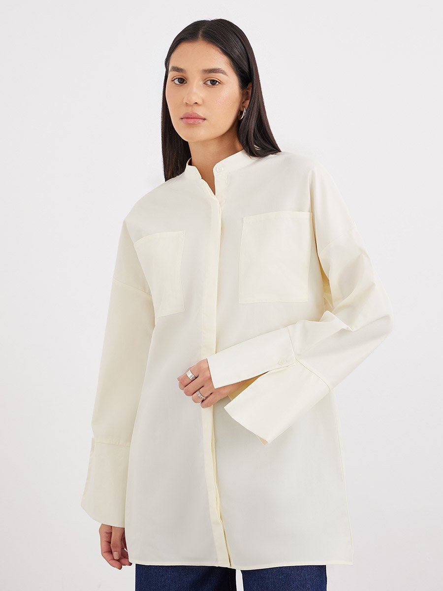 Cream Relaxed Fit Longline Shirt with Pockets