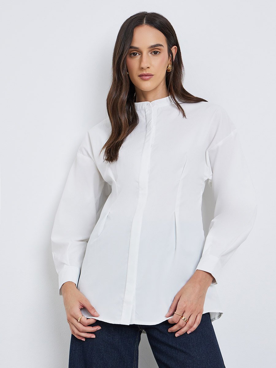 Plain Longline Shirt with Fold Pleated Detail