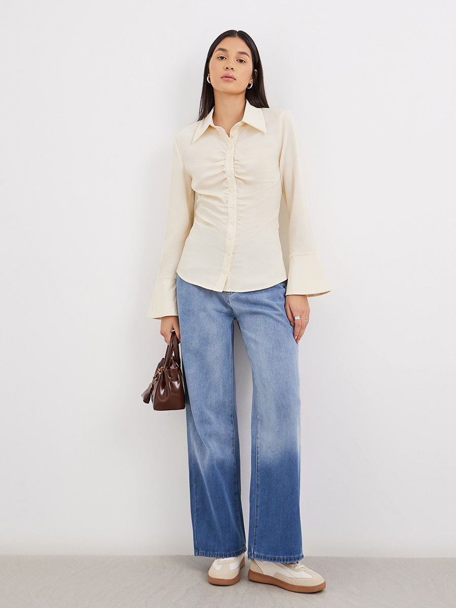 Cream Gathered Shirt with Bell Sleeve