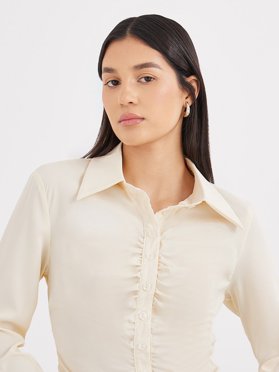 Cream Gathered Shirt with Bell Sleeve