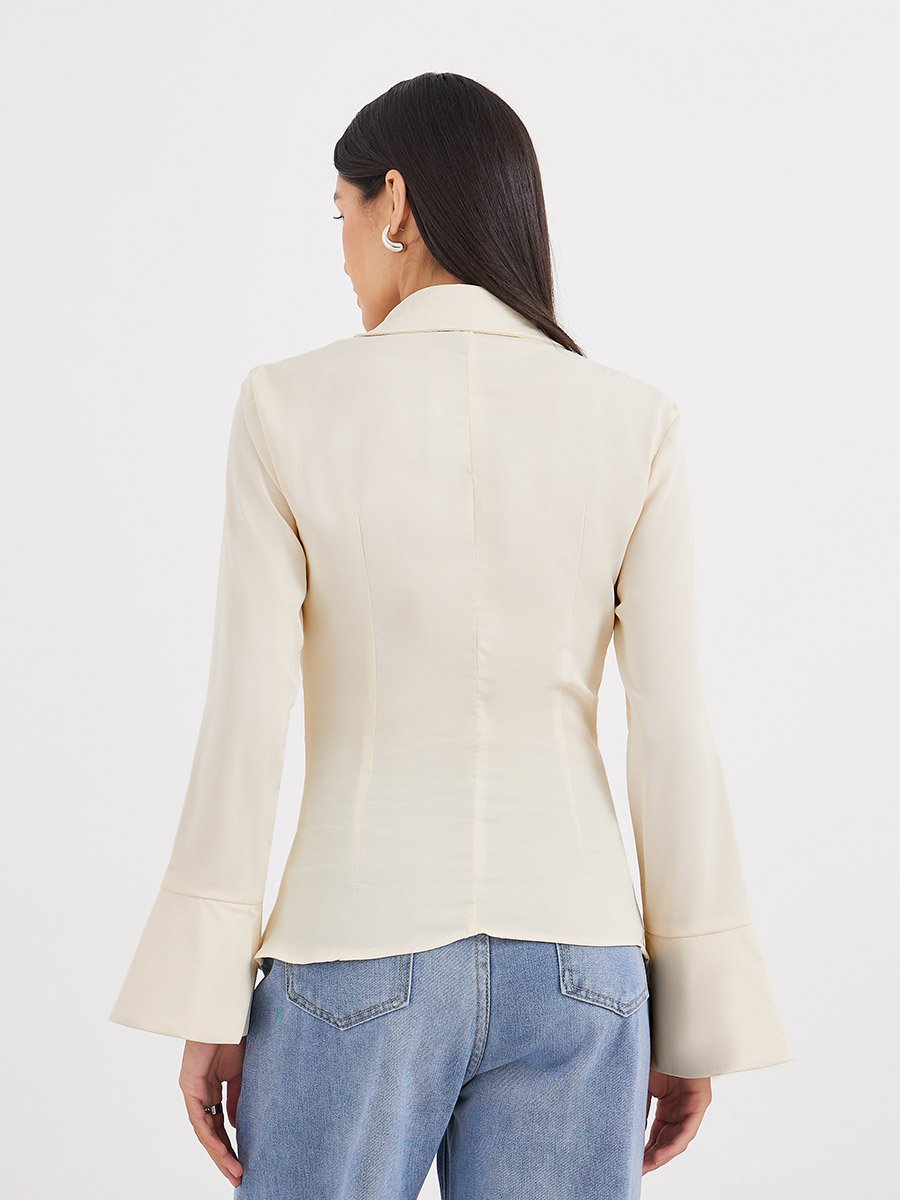Cream Gathered Shirt with Bell Sleeve