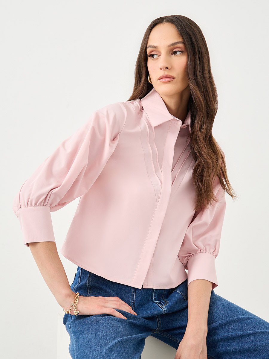 Women Pink Collared Shirt with Pintuck Detail