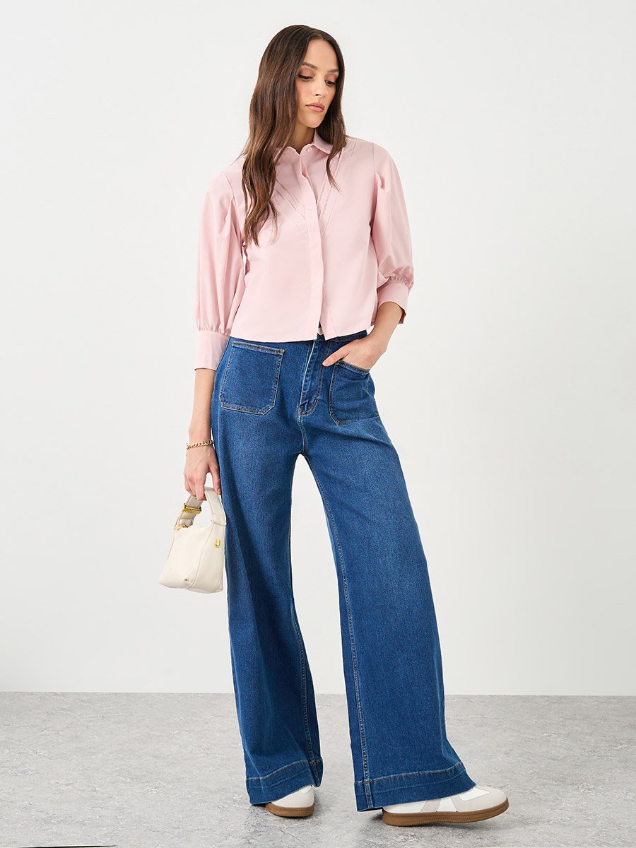 Women Pink Collared Shirt with Pintuck Detail