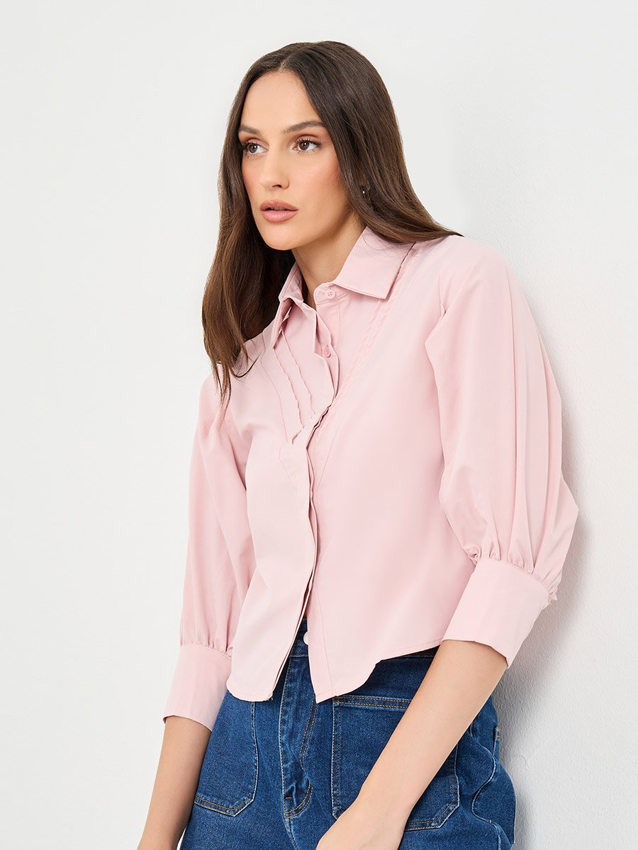 Women Pink Collared Shirt with Pintuck Detail