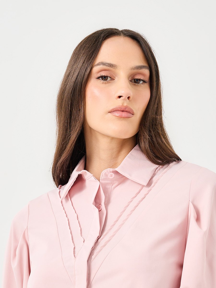 Women Pink Collared Shirt with Pintuck Detail