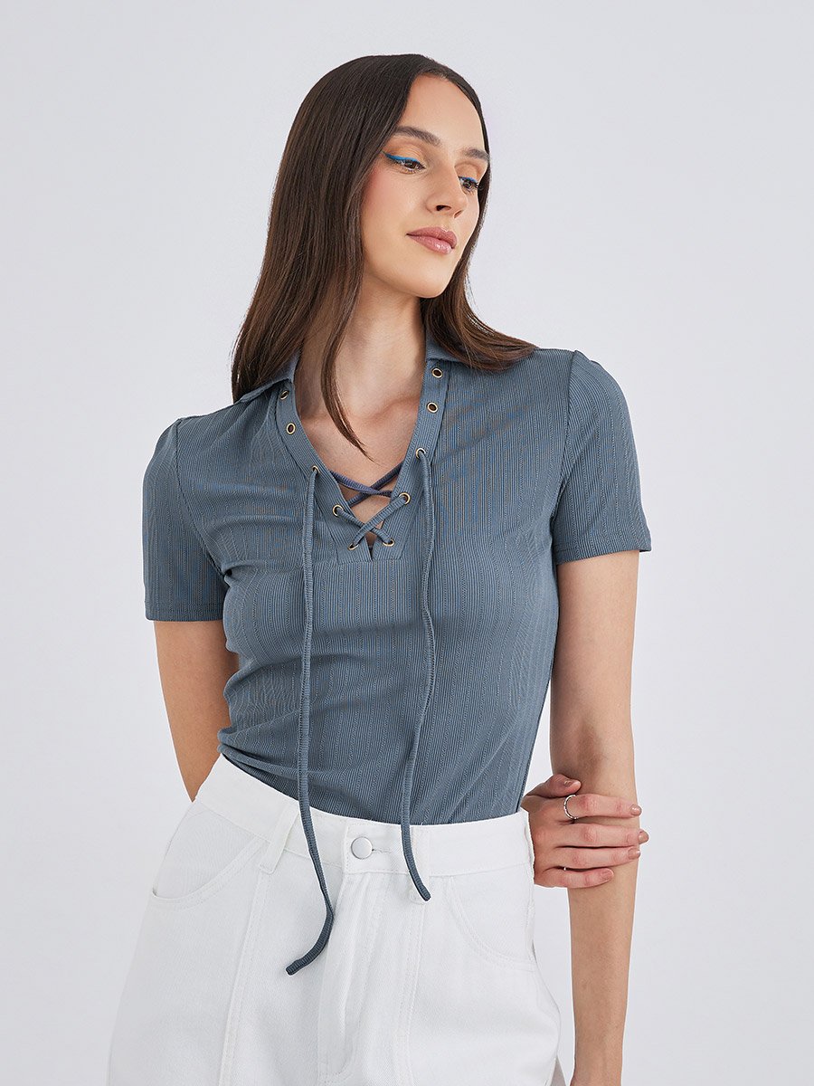 Lace Up Textured Knit Short Sleeve Top