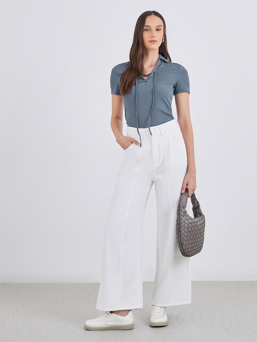 Lace Up Textured Knit Short Sleeve Top