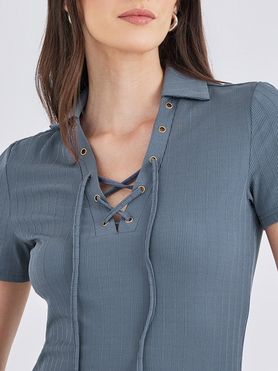 Lace Up Textured Knit Short Sleeve Top
