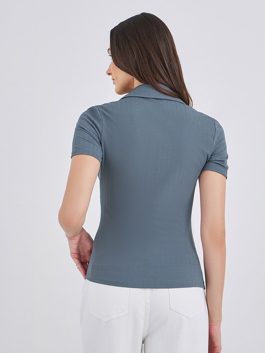 Lace Up Textured Knit Short Sleeve Top