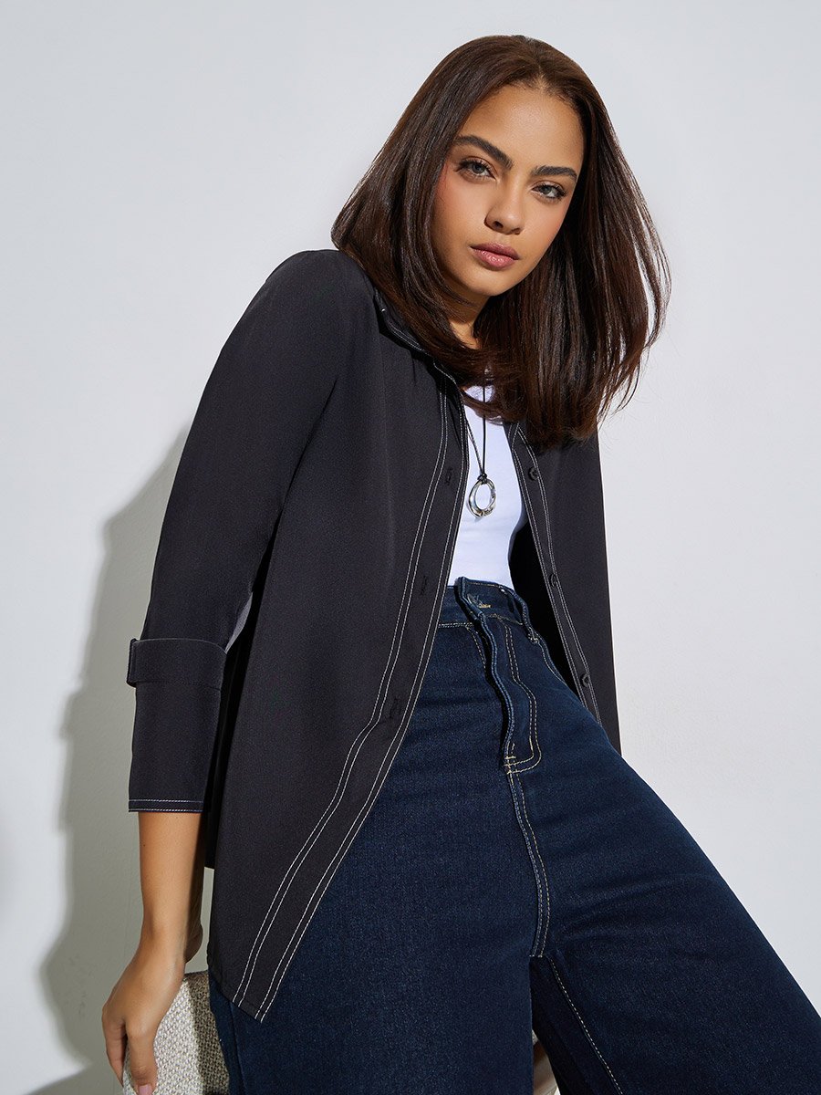Black Contrast Stitch Detail Regular Fit Shirt